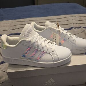 adidas White Sneakers with Iridescent Pink and Blue Stripes
